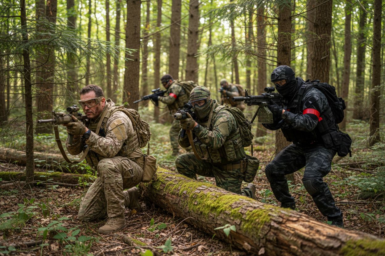 joueurs airsoft treillis forêt