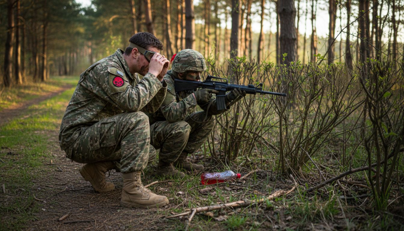 Airsoft players in camouflage behind woodland bushes