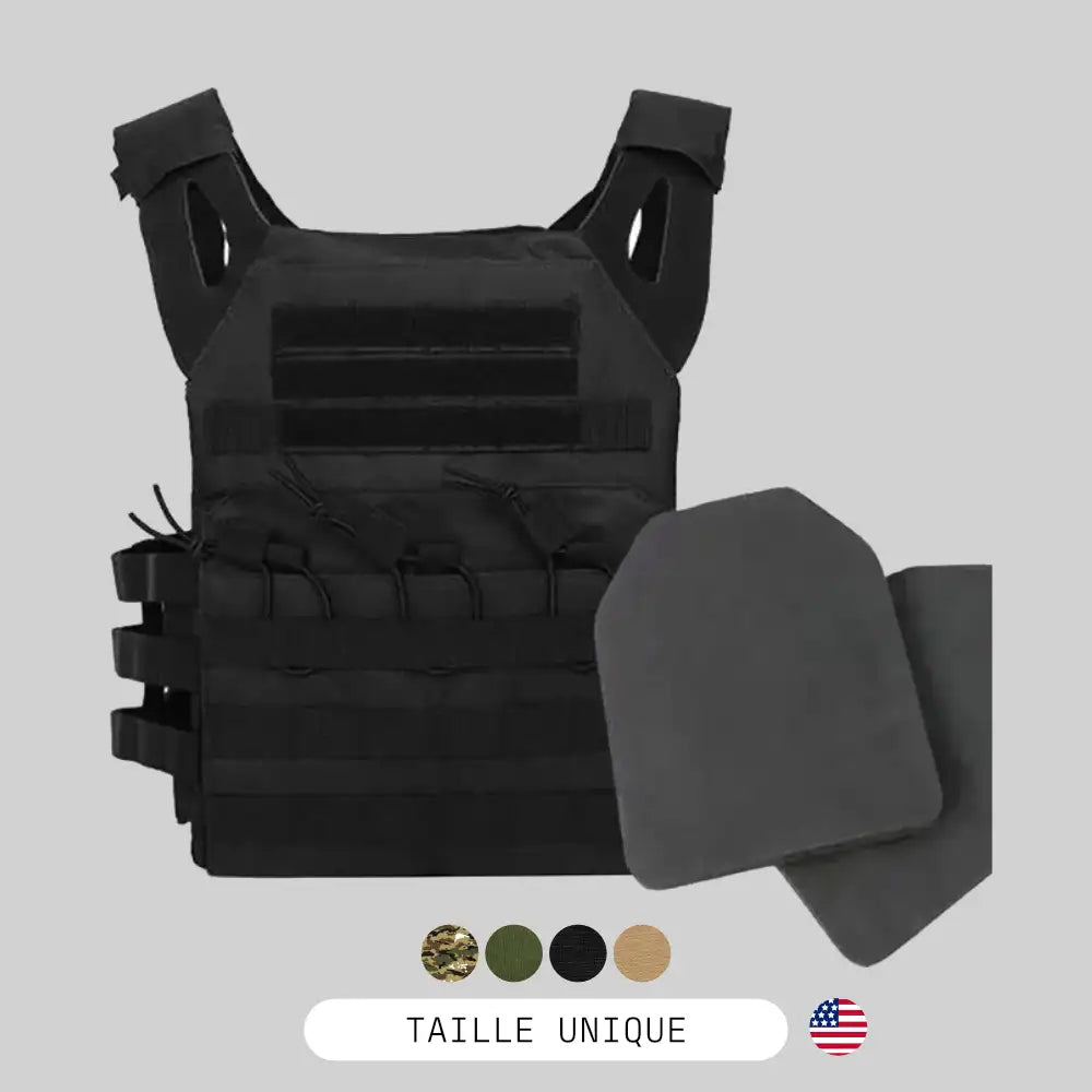 Gilet porte-plaque JPC airsoft noir avec ses deux plaques