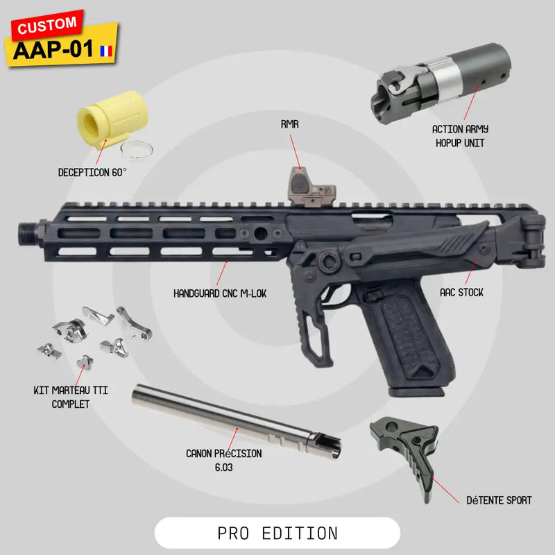 AAP-01 SLEEPER PRO avec canon TTI 200 mm, garde-main CNC M-LOK 145 mm, red dot et crosse pliable