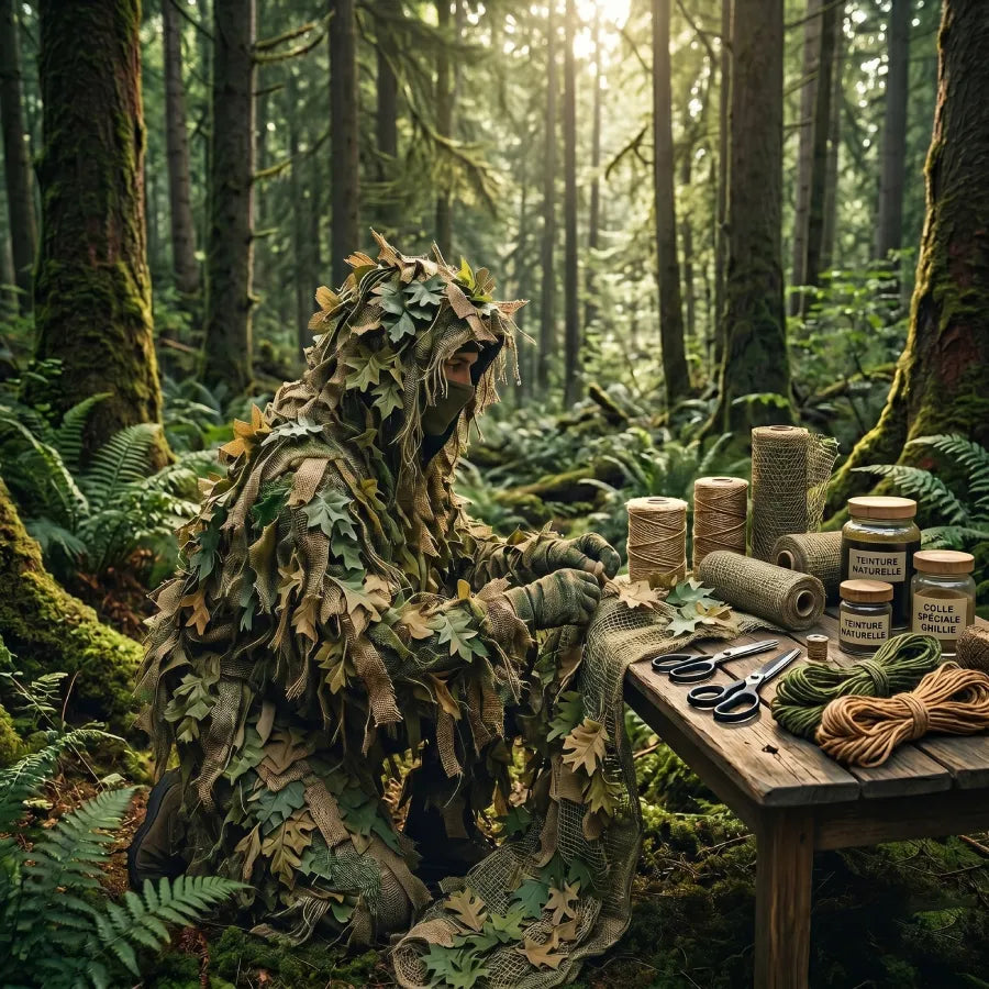 Sniper airsoft en ghillie suit progressant en approche basse dans un sous-bois