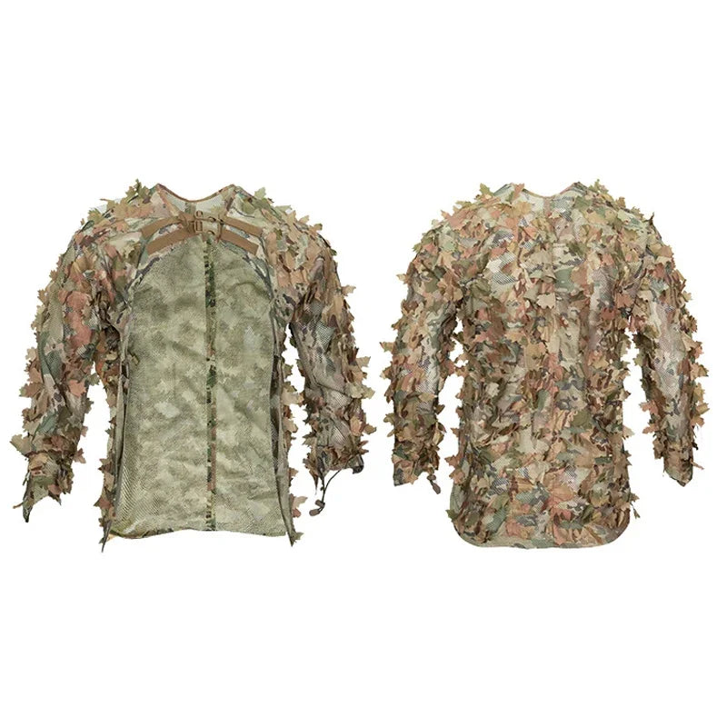 vue de face et de dos de la cape ghillie suit airsoft pour sniper en feuilles