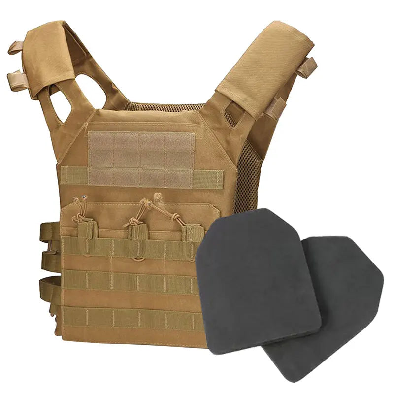 JPC airsoft tan plate carrier avec deux plaques EVA sapi