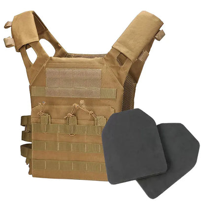 JPC airsoft tan plate carrier avec deux plaques EVA sapi