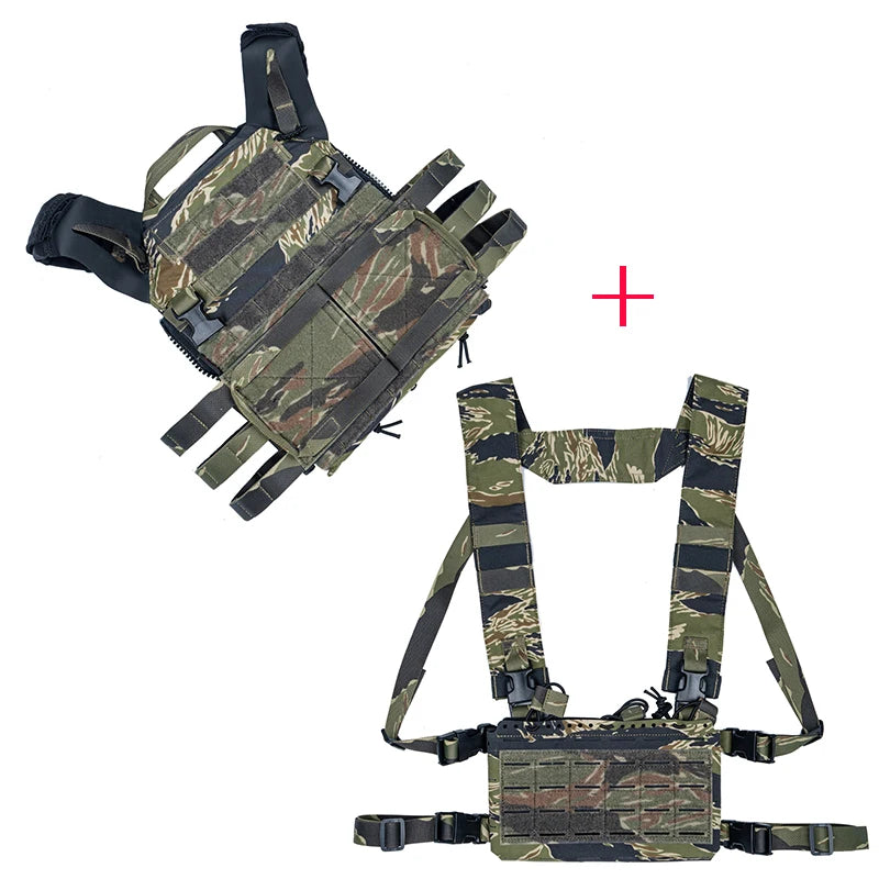 Gilet tactique JPC 2.0 chest rig airsoft Tiger Stripes vue trois-quarts avec sangles modulables et système MOLLE