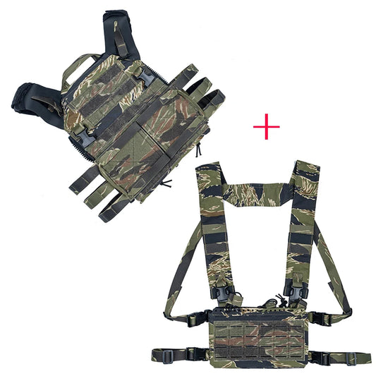 Gilet tactique JPC 2.0 chest rig airsoft Tiger Stripes vue trois-quarts avec sangles modulables et système MOLLE