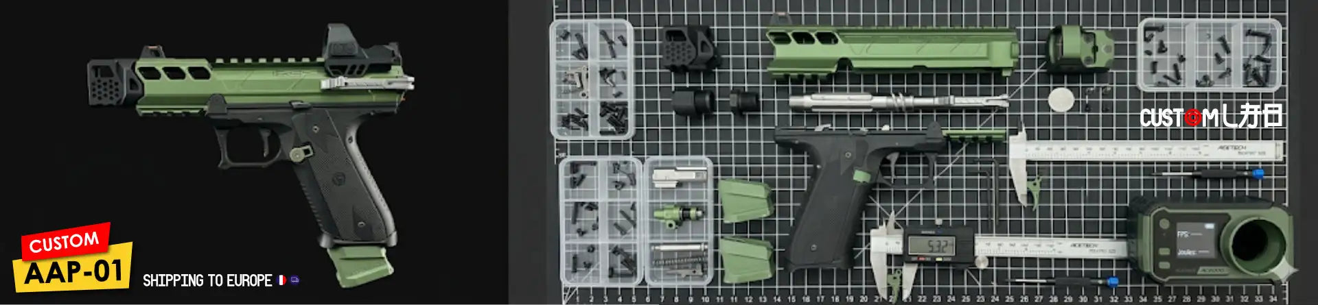 Maquette scindée montrant à gauche un AAP01 assemblé avec pièces CNC vertes sur fond noir et à droite une vue éclatée de la réplique avec instruments de mesure sur tapis de découpe.