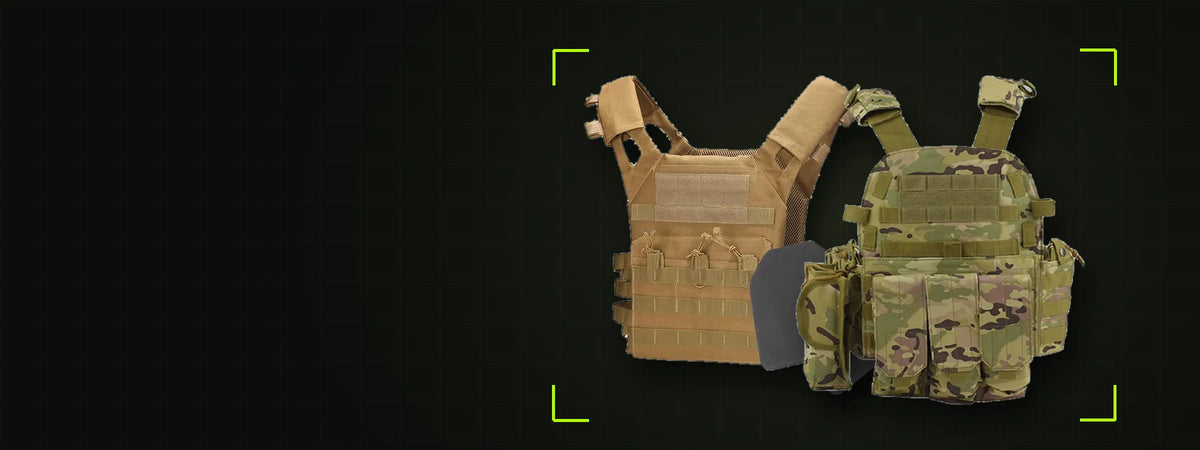 Gilets tactiques airsoft JPC tan et porte-plaque multicam - BDU AIRSOFT