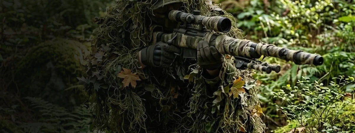 Sniper airsoft en ghillie suit camouflage en forêt - BDU AIRSOFT