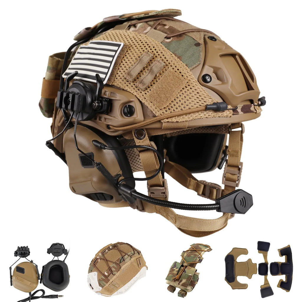 Pack casque airsoft type FAST PJ coyote avec housse Multicam et accessoires - BDU AIRSOFT