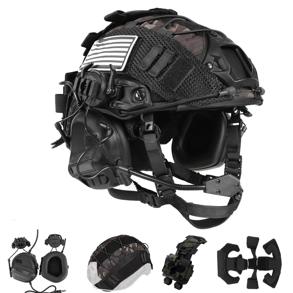 Pack casque airsoft type FAST PJ noir avec housse, pochette et accessoires - BDU AIRSOFT