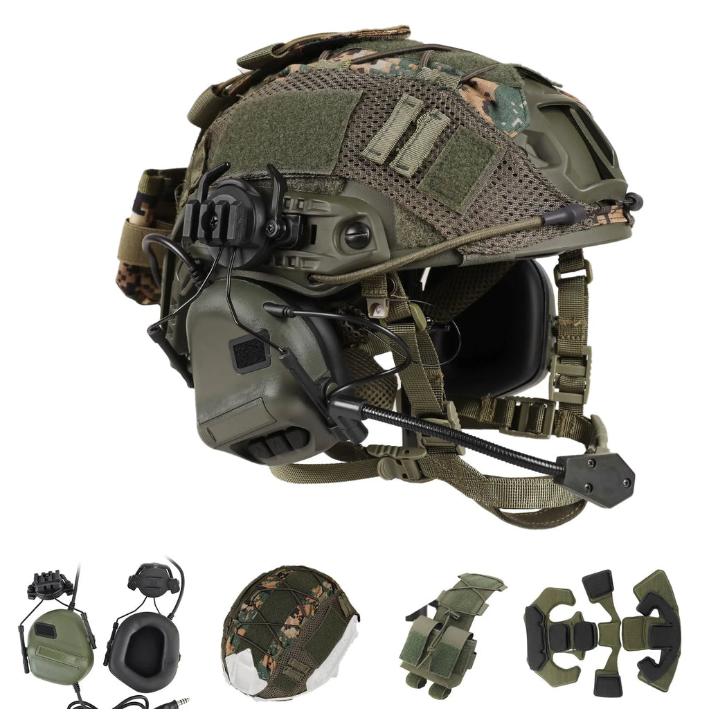 Pack casque airsoft type FAST PJ vert olive avec housse, pochette et accessoires - BDU AIRSOFT