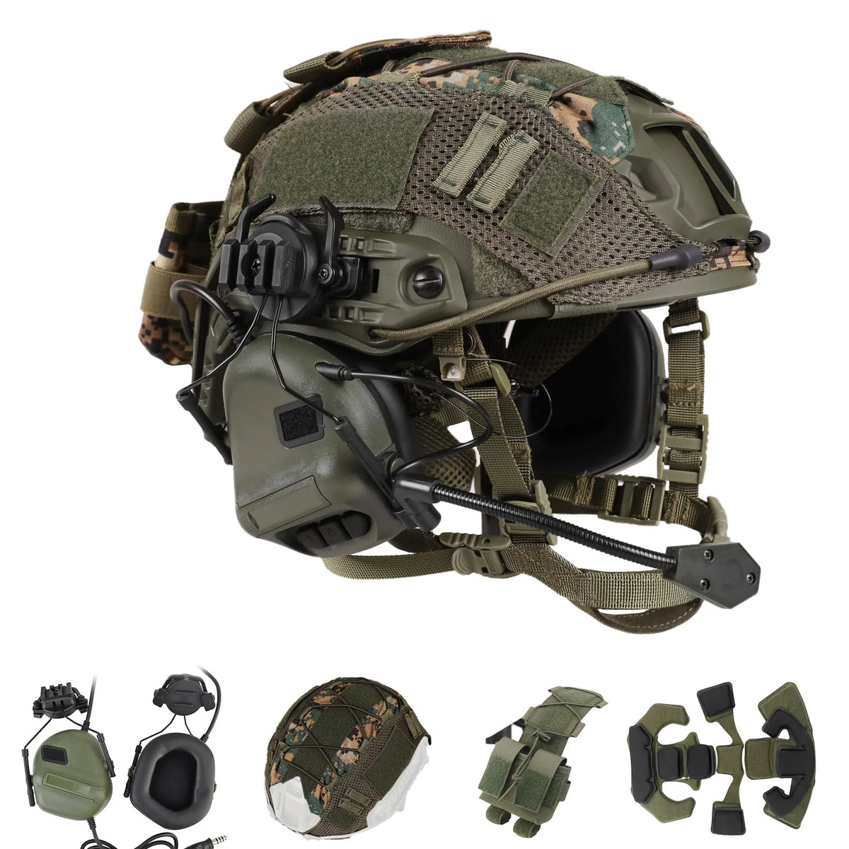 Pack casque airsoft type FAST PJ vert olive avec housse, pochette et accessoires - BDU AIRSOFT