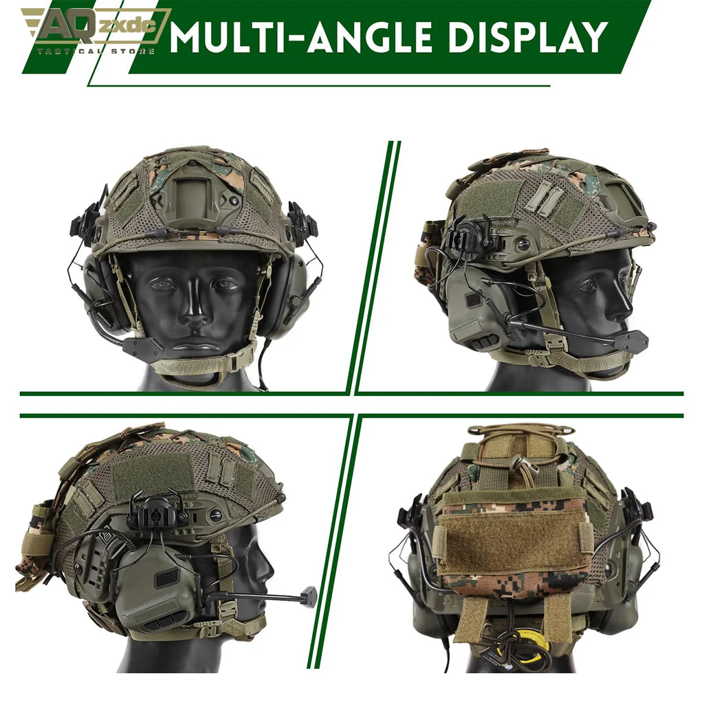 Casque airsoft type FAST PJ vu sous quatre angles avec sa housse - BDU AIRSOFT