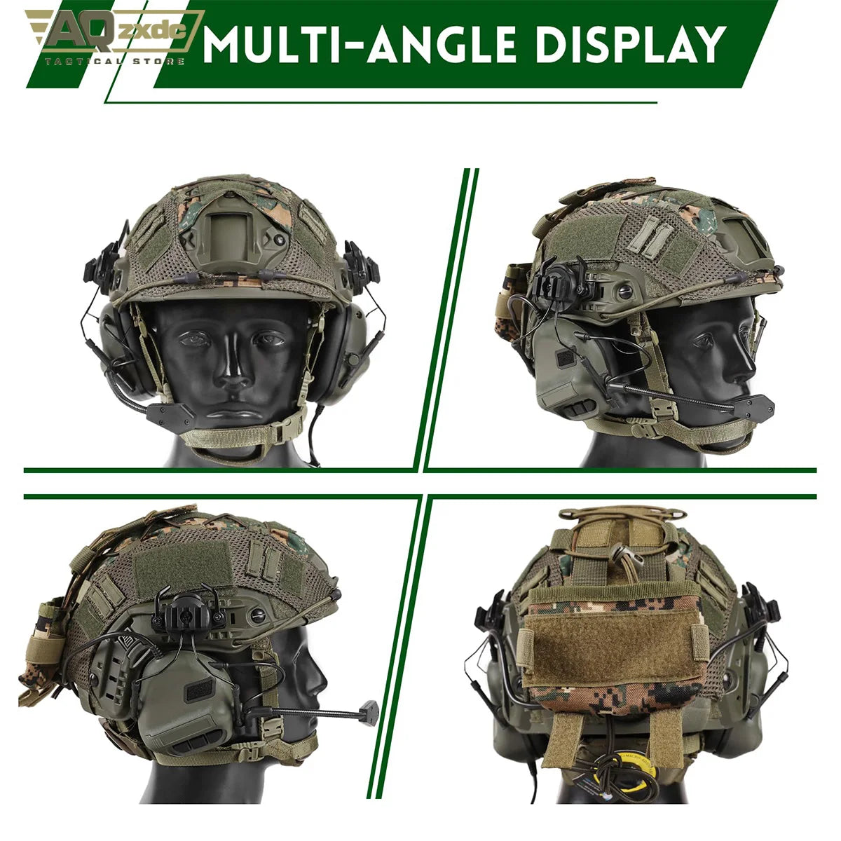 Casque airsoft type FAST PJ vu sous quatre angles avec sa housse - BDU AIRSOFT