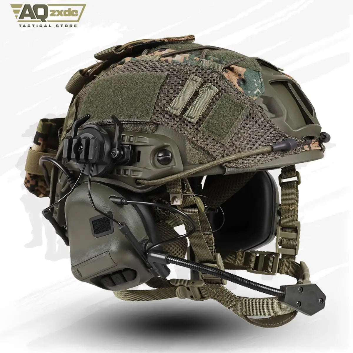 Casque airsoft type FAST PJ vert olive équipé de son casque audio tactique - BDU AIRSOFT