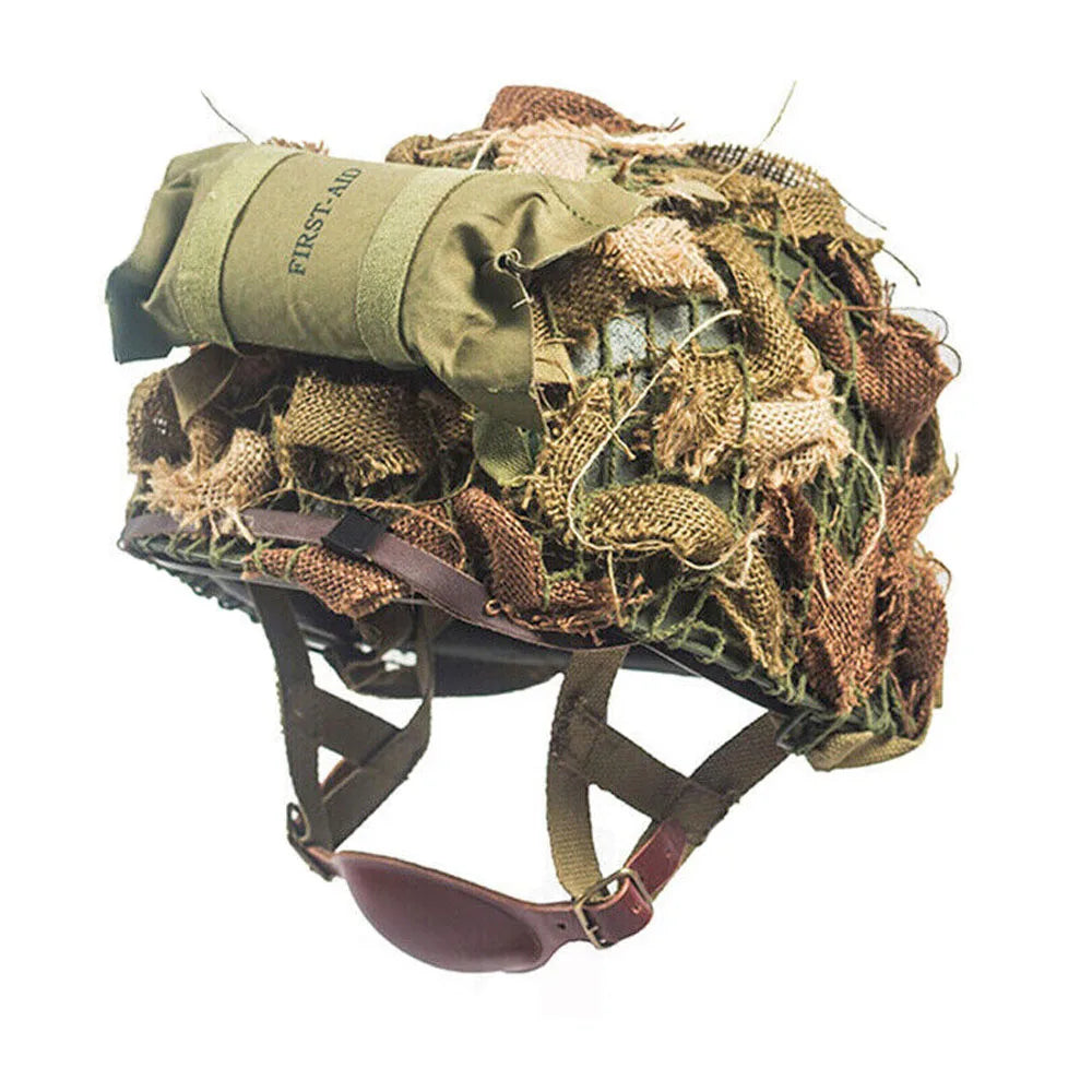 Casque US M1 airsoft avec filet de camouflage garni, jugulaire cuir et pochette de premiers secours - BDU AIRSOFT