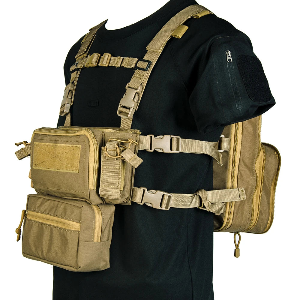 Chest rig type D3 Tan porté avec sac Flatpack et poche ventrale - BDU AIRSOFT