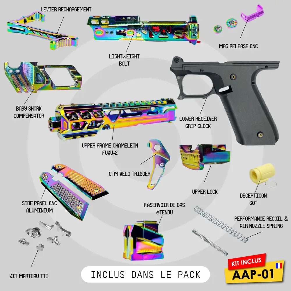 Détail de l'ensemble des pièces comprises dans le pack du aap-01 chimera