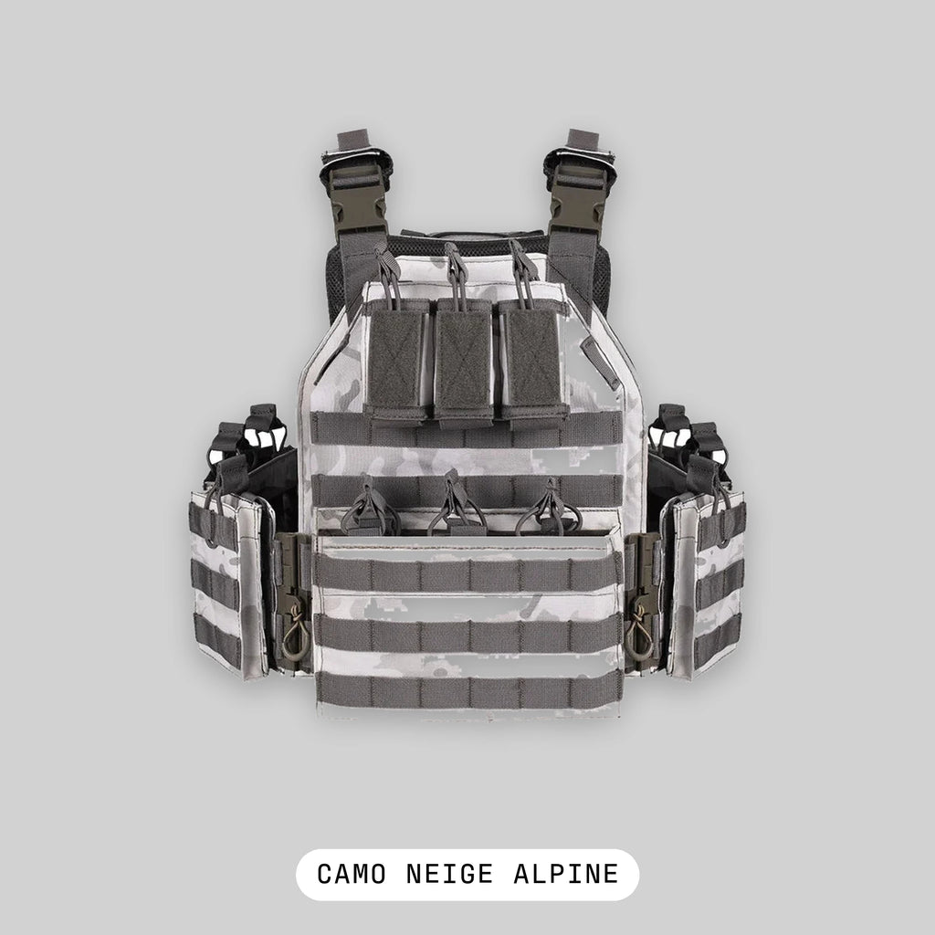Équipement airsoft en camouflage neige Alpine : porte-plaques MOLLE avec poches - BDU AIRSOFT