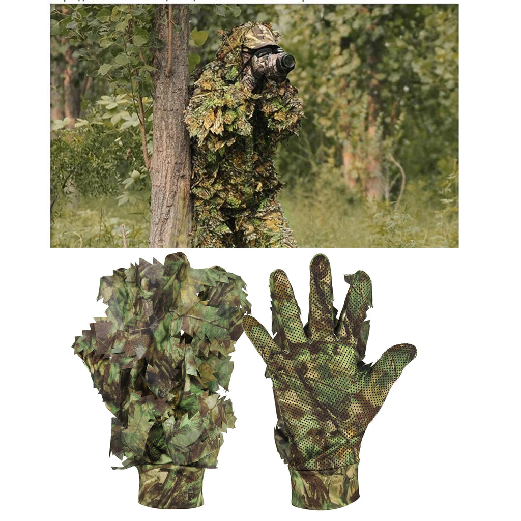 Gants camouflage feuilles 3D airsoft portés en sous-bois et vus à plat - BDU AIRSOFT