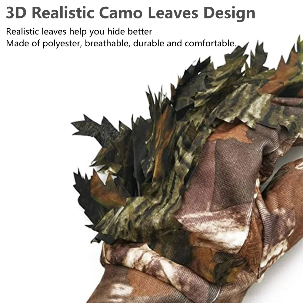 Gant camouflage feuilles 3D airsoft en gros plan sur la végétation - BDU AIRSOFT