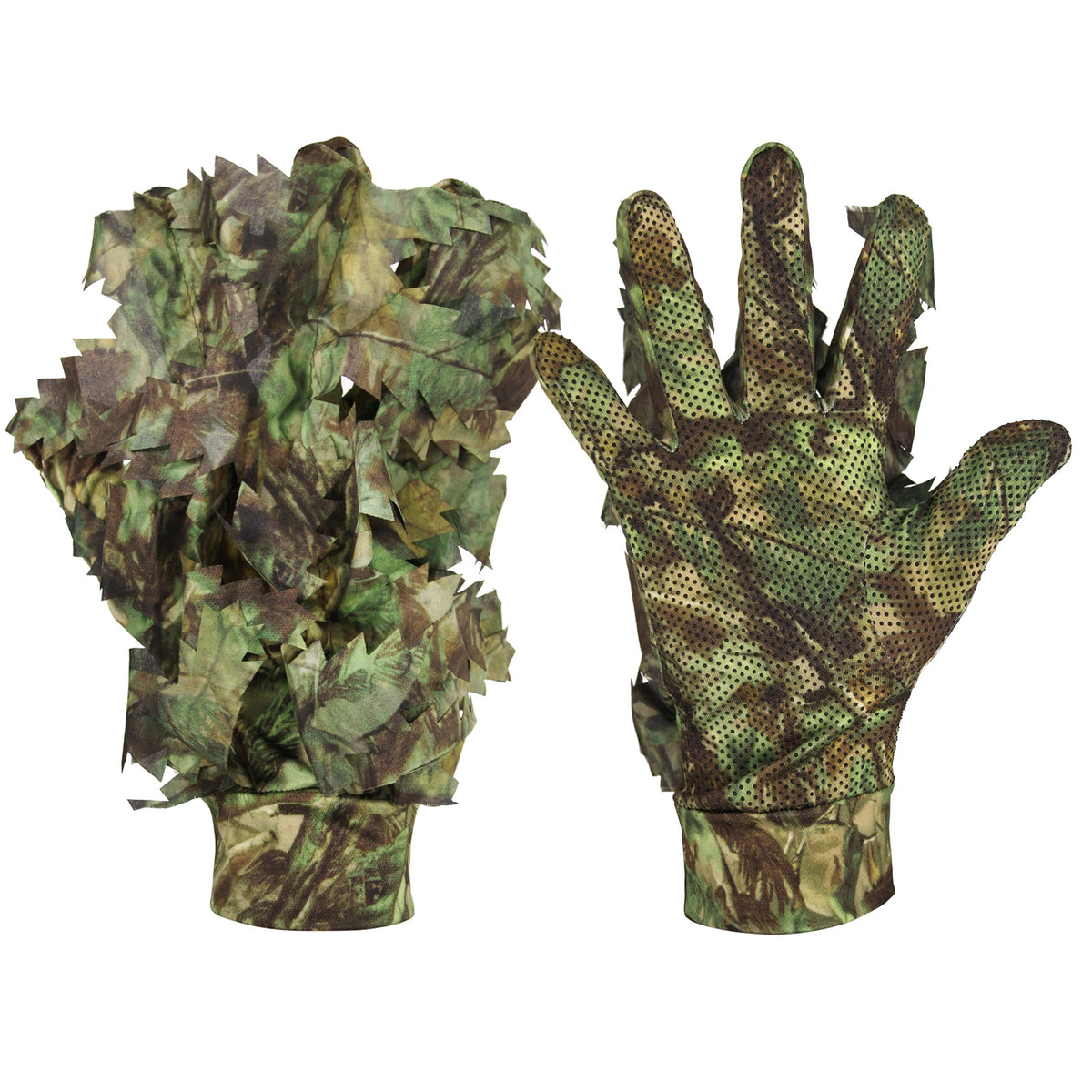 Gants camouflage feuilles 3D airsoft vert jungle, vue dos et paume ajourée - BDU AIRSOFT