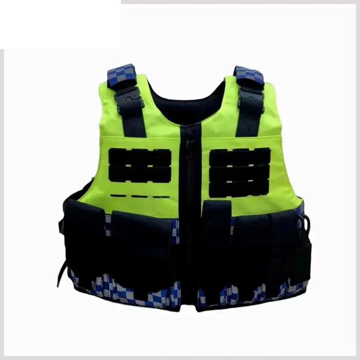 Gilet police haute visibilité airsoft jaune fluo à damier bleu, vue de face - BDU AIRSOFT
