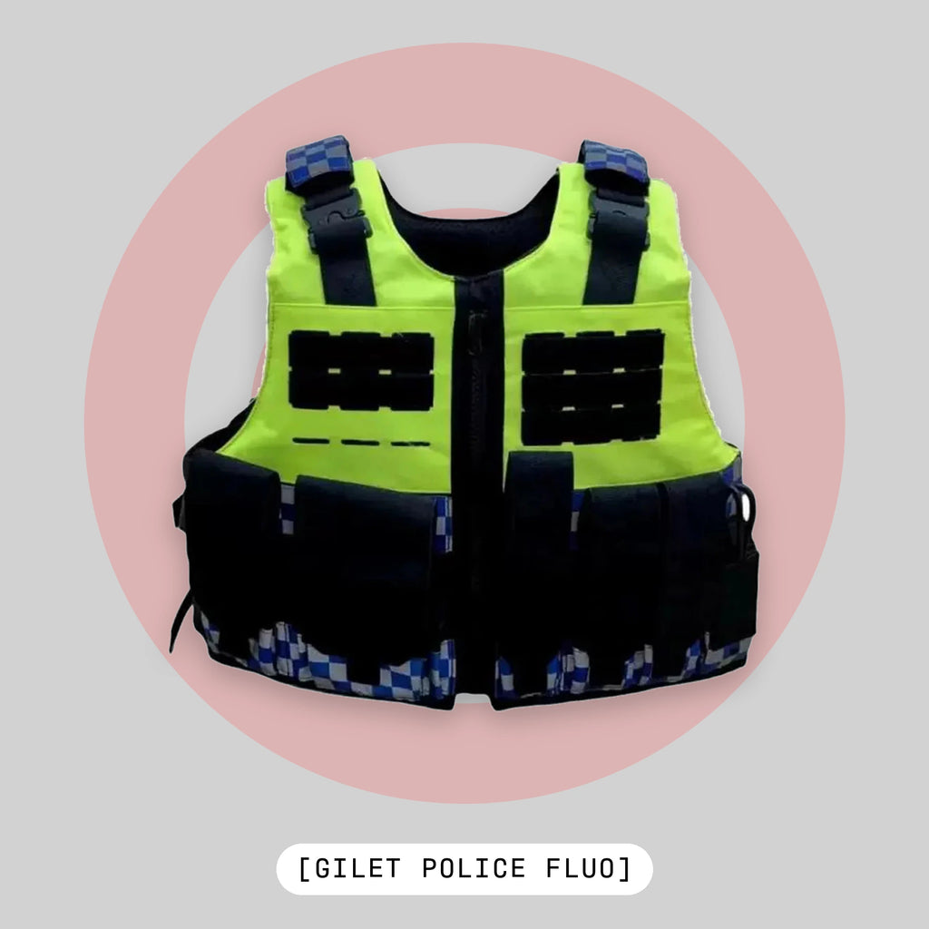Gilet police haute visibilité airsoft à damier bleu et porte-chargeurs MOLLE - BDU AIRSOFT