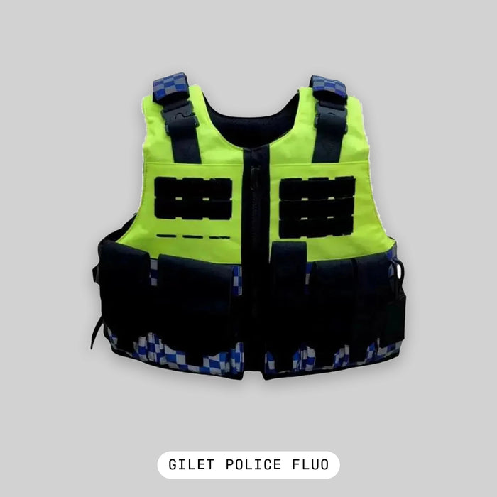 Gilet Police Haute Visibilité Airsoft - Damier Bleu et MOLLE