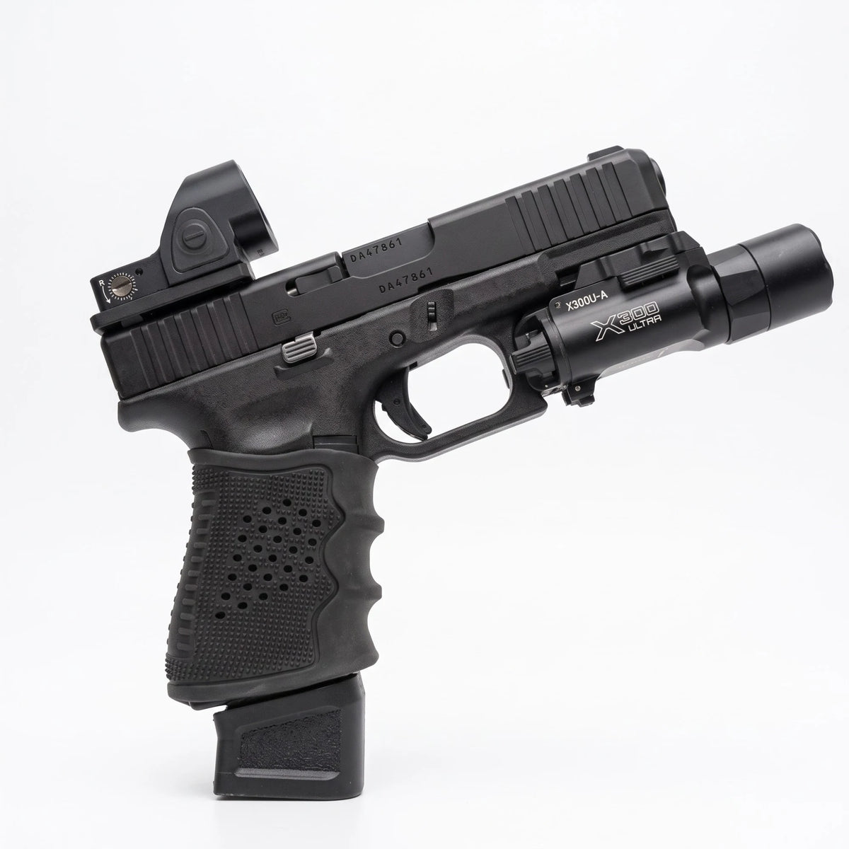 Réplique Glock 19 Gen 5 VFC équipée lampe X300 Ultra et point rouge SRO sur plaque, profil complet - BDU AIRSOFT