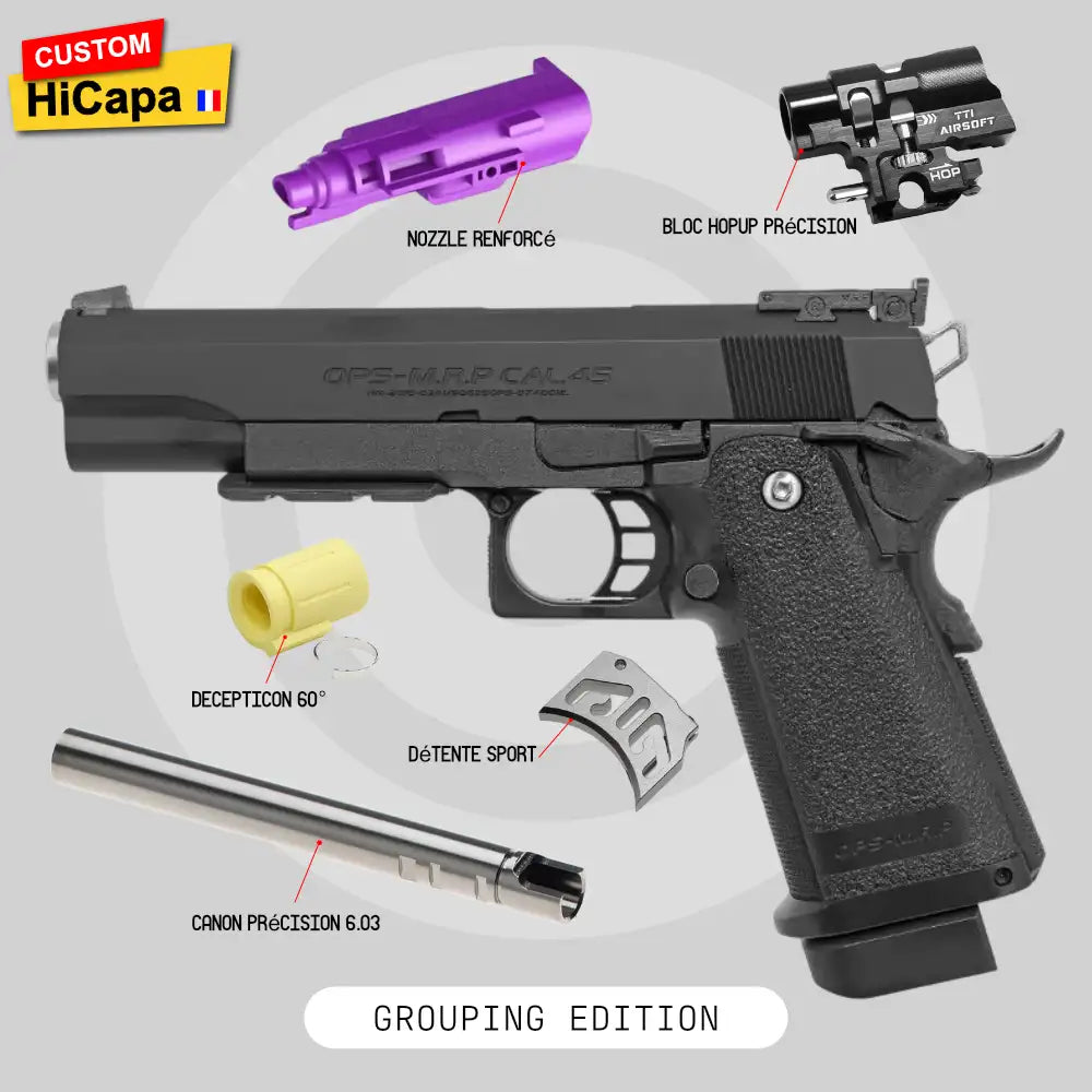 Hi-Capa Custom SLEEPER PLUS sur base Tokyo Marui : chambre hop-up CNC, détente ajustable et grips texturés
