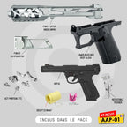 Contenu complet du pack AAP-01 Custom Argentum : upper skeleton FUKU-2 CNC silver, compensateur FUKU-2, frame nylon noir, trigger ajustable CTM argentée, kit marteau complet TTI, jeu ressorts 130%, joint Hop-Up Decepticon 60° et base réplique AAP-01 Action Army. Ensemble assemblé selon protocole Custom Lab BDU 47 étapes avec contrôle qualité balistique et tolérance ±0,01mm sur surfaces critiques.