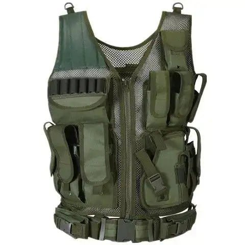 Police Gilet Tactique Airsoft + Ceinture intégrée - BDU AIRSOFT - Green Army