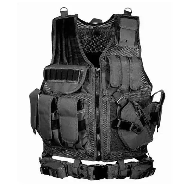 Police Gilet Tactique Airsoft + Ceinture intégrée - BDU AIRSOFT - Noir
