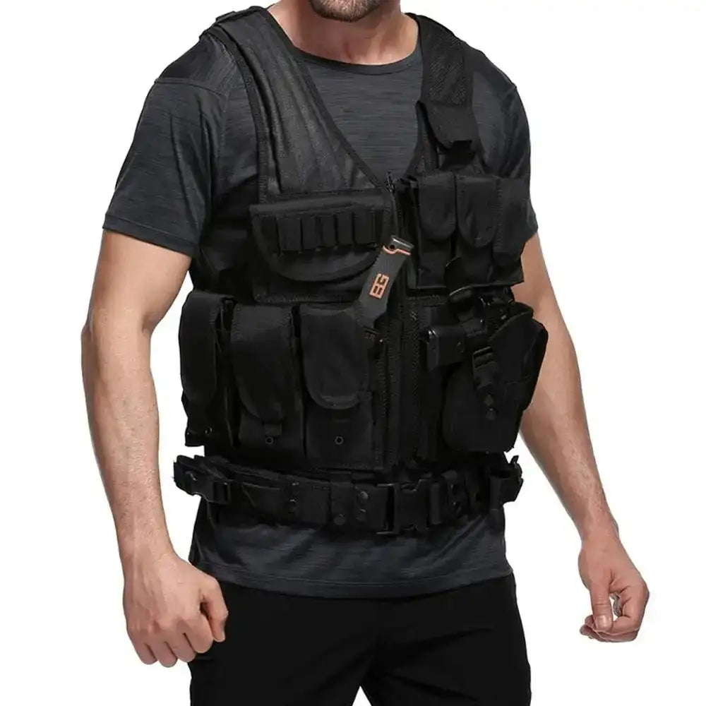Police Gilet Tactique Airsoft + Ceinture intégrée noir porté
