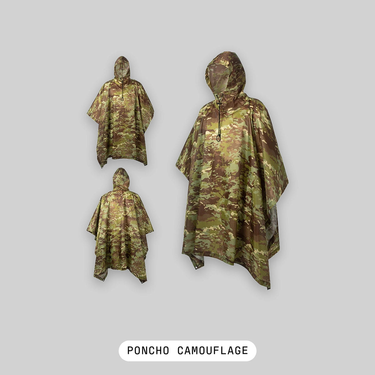 Poncho airsoft imperméable camouflage Multicam CP déplié et porté - BDU AIRSOFT