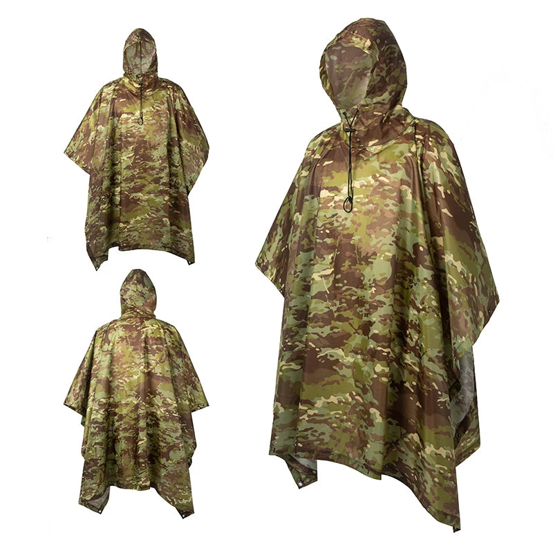 Poncho airsoft imperméable camouflage Multicam CP déplié et porté - BDU AIRSOFT