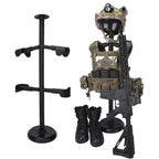 Présentoir équipement airsoft noir avec gilet porte-plaque, casque et ceinture - BDU AIRSOFT