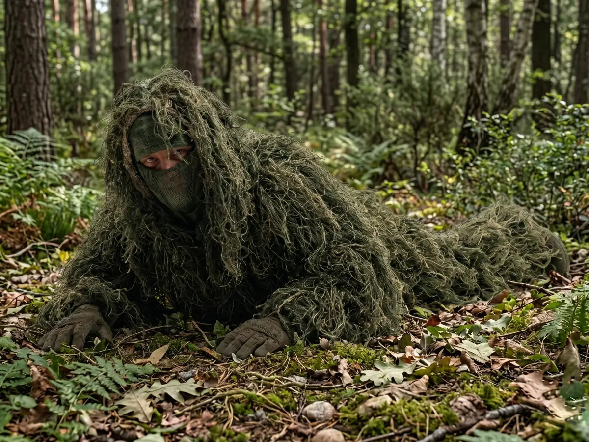 Ghillie suit airsoft adaptée à un environnement forestier, fibres mêlant jute et feuillage