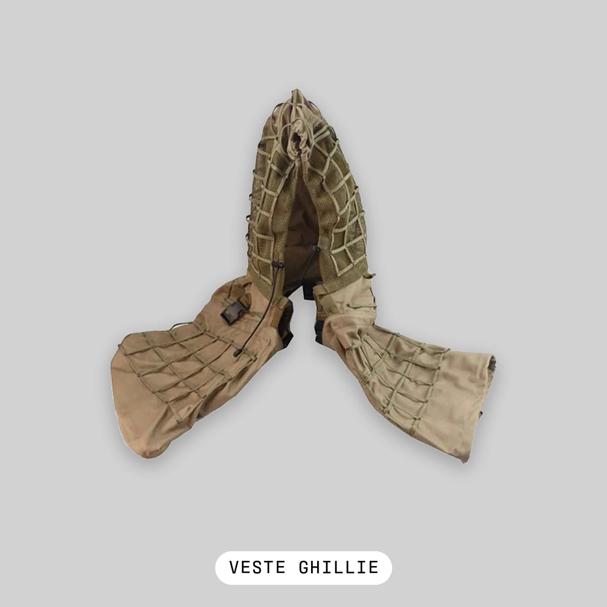 Veste ghillie airsoft à capuche avec filet maille à garnir, coloris kaki - BDU AIRSOFT