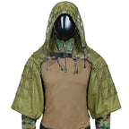 Veste ghillie airsoft verte à capuche et filet maille, vue de face - BDU AIRSOFT