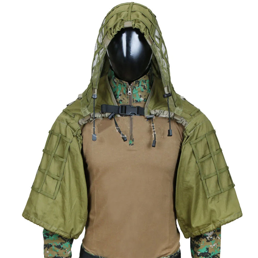 Veste ghillie airsoft verte à capuche et filet maille, vue de face - BDU AIRSOFT